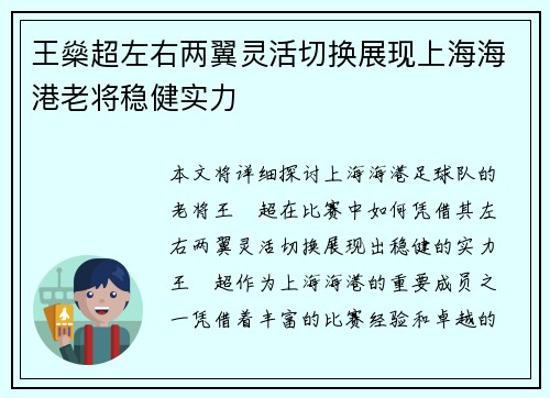 王燊超左右两翼灵活切换展现上海海港老将稳健实力